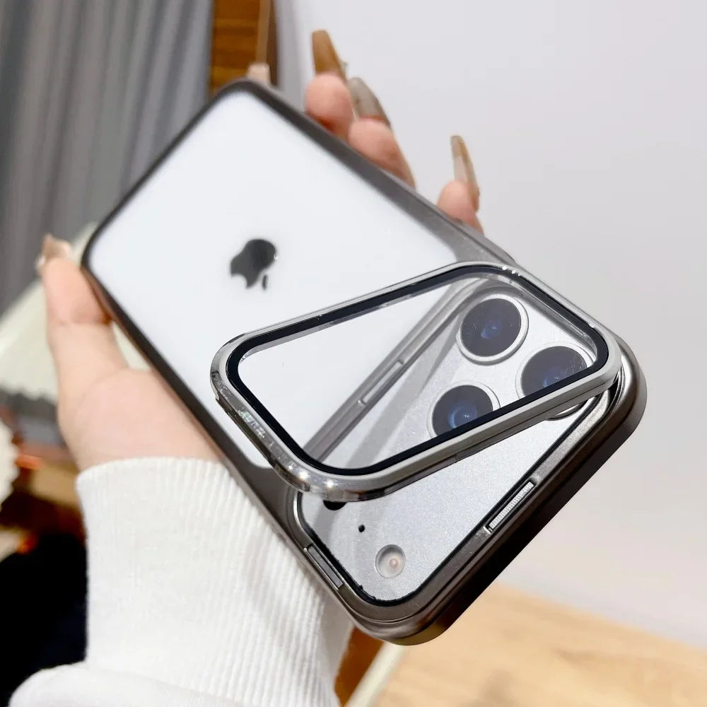 Plating Fold Glass Camera Stand Holder Phone Case For iPhone 17 17Pro 17Air 17 Pro Max Ultra Thin Transparent Shockproof Cover