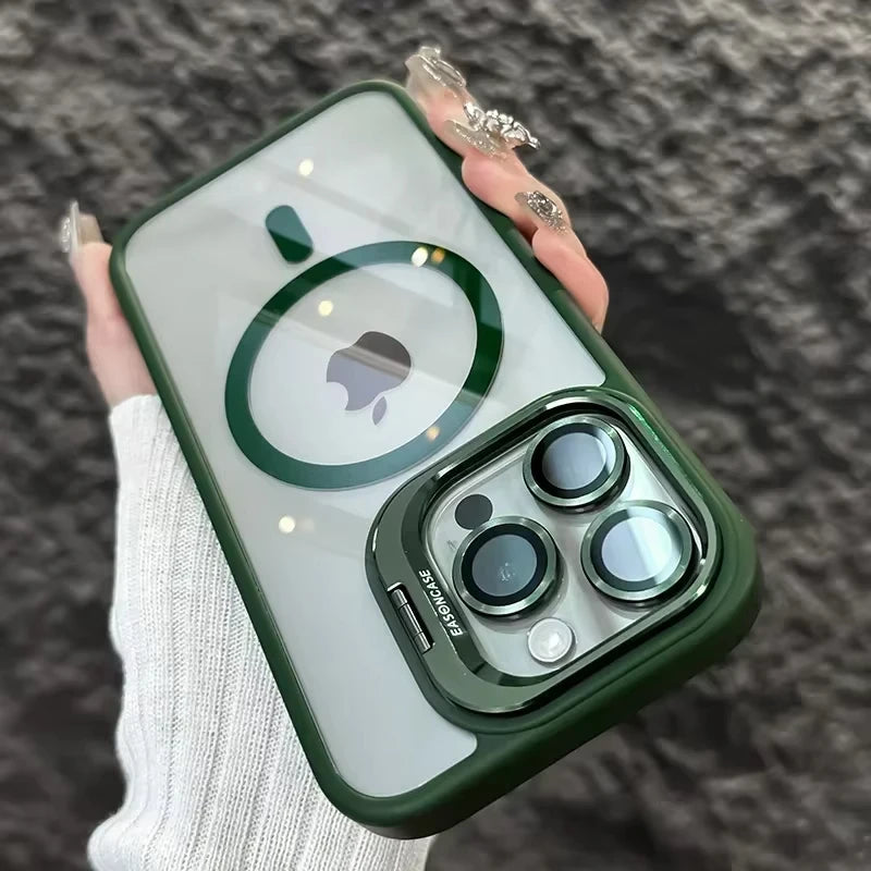 Luxury Magnetic Shockproof Phone Case For iPhone 15 14 13 12 16 17 Pro Max Plus Air 11 Funda Stand Glass Lens Protection Cover