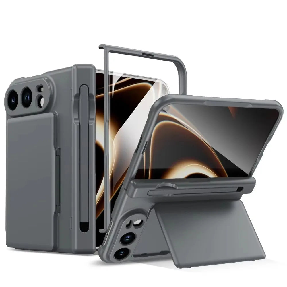 Luxury  S Pen Wallet Card Slot Bracket Holder Case For iPhone Duo 18 Fold Hinge Protect Screen Glass Film Shockproof Hard Cover