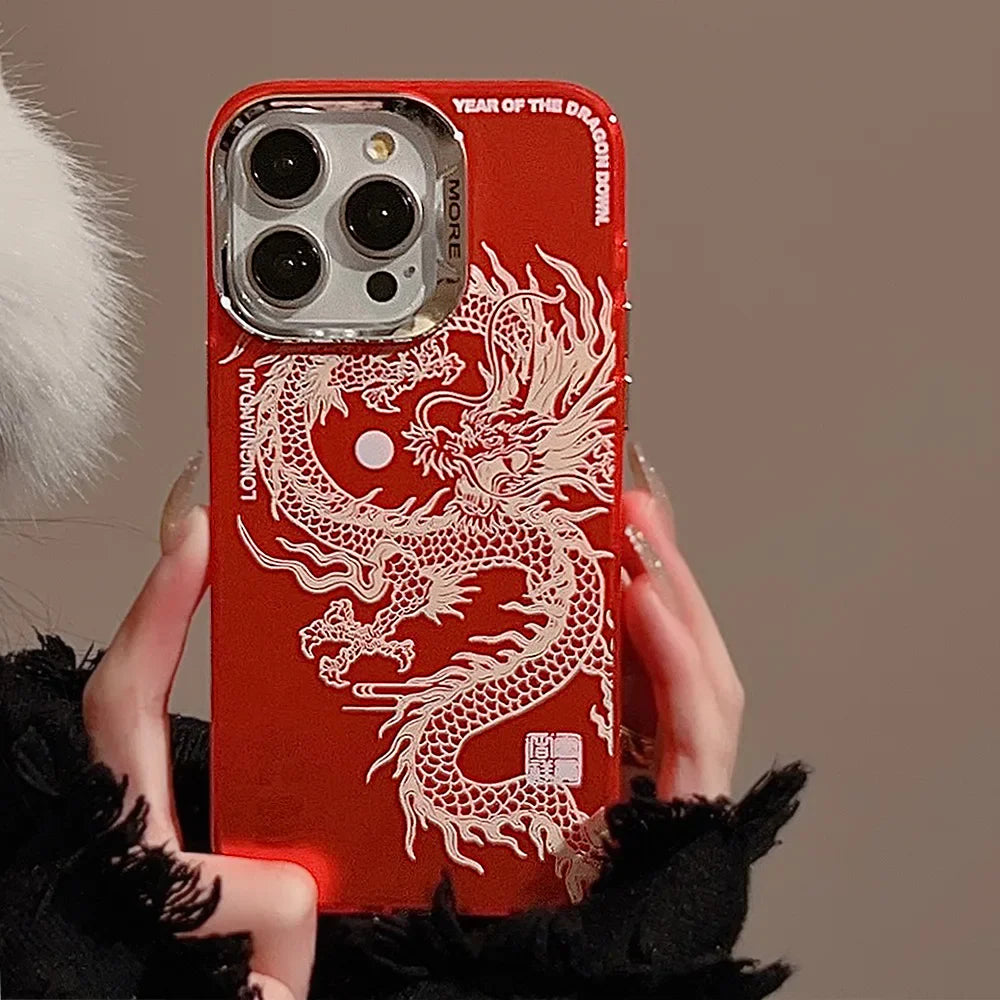 INS Laser Phone Case for iPhone 16 15 14 13 12 11 Pro Max Luxury Chinese Dragon Hard Matte Protective Shockproof Cover Fundas