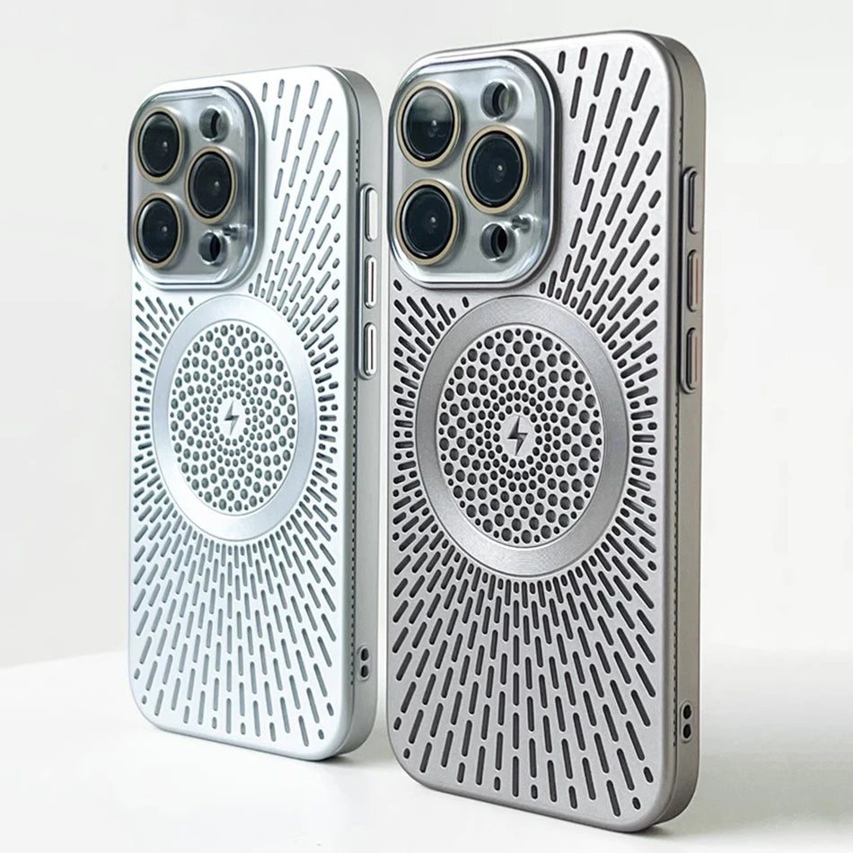 Luxury Heat Dissipation Hollow For Magsafe Case For iPhone 15 14 13 12 16 Pro Max Titanium Magnetic Wireless Charge Hard Cover