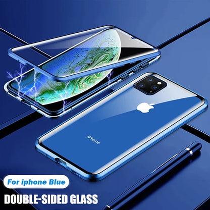360 Metal Magnetic Adsorption Case For iPhone 16 15 14 13 12 11 Pro XS Max Double-Sided Glass Case For iPhone 8 Plus X XR Cover