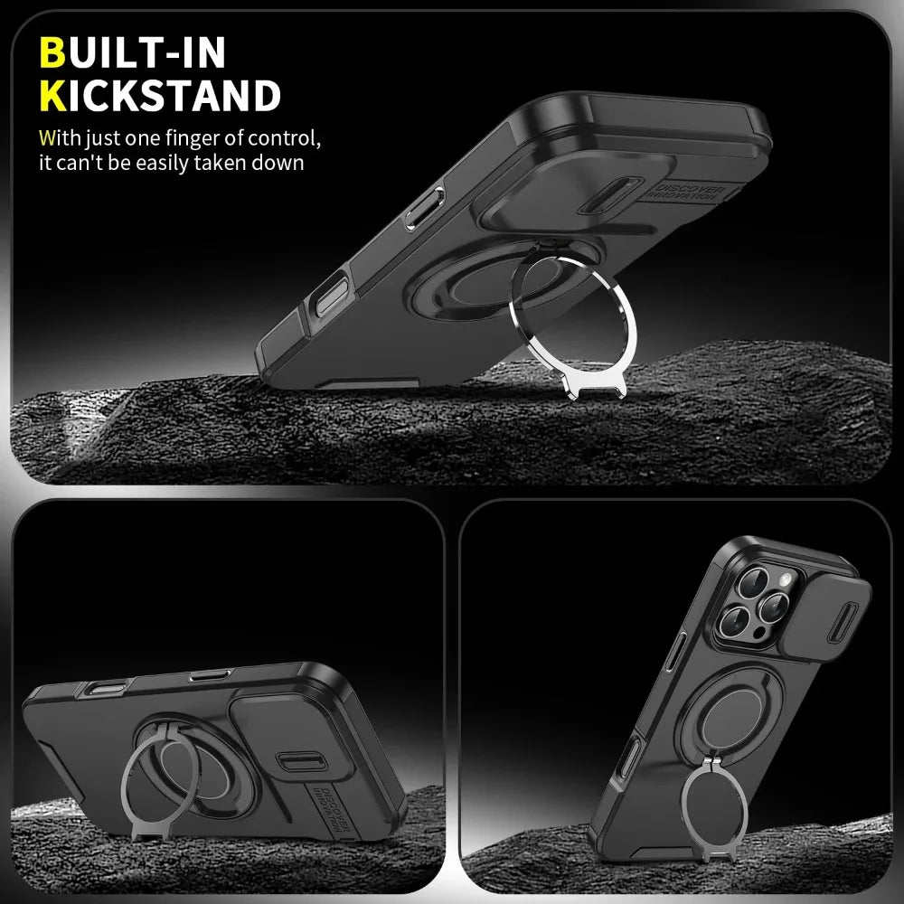 Heavy-Duty Rugged Armor Magnetic Bracket Phone Case For iPhone 17 16 Plus 15 14 13 12 11 Pro Max Slide Camera Protection Cover