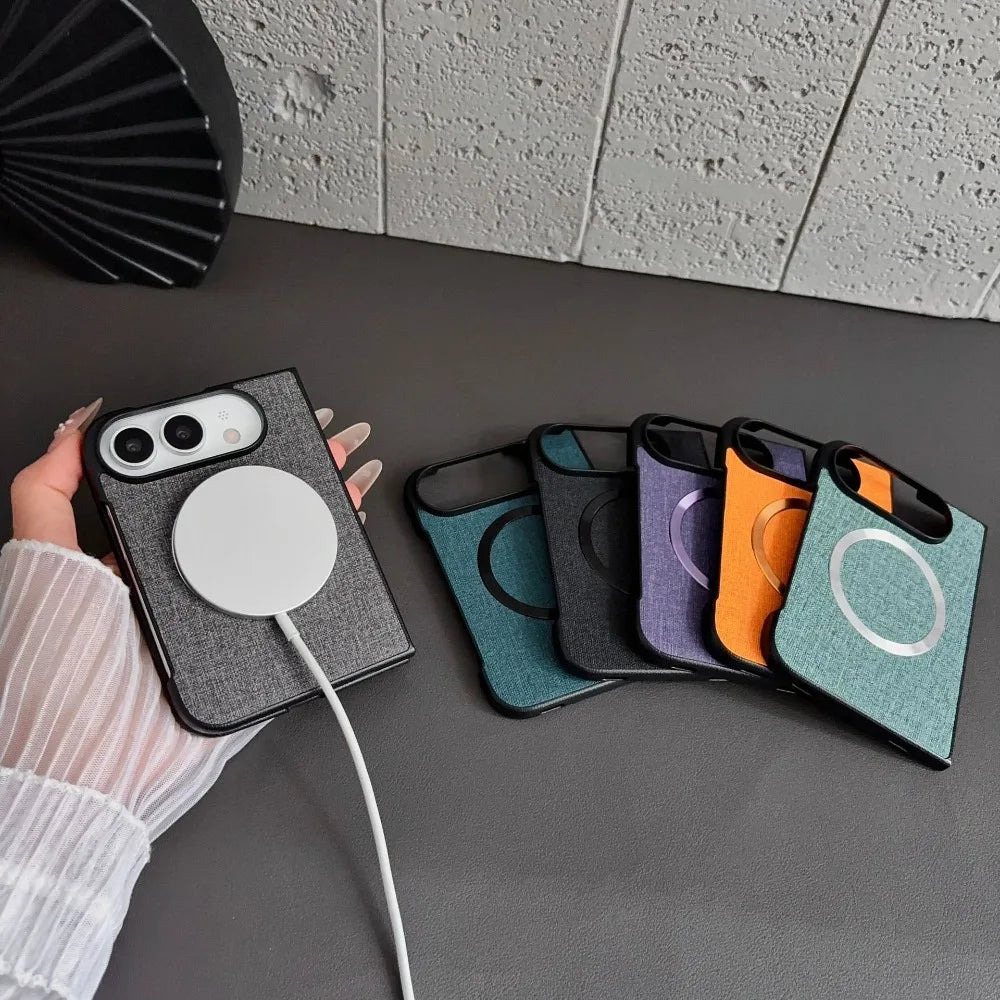 Fabric Cloth Texture Magnetic Case for iPhone Duo duo DUO Fold Shell Wireless Charging Shockproof Hard PC Slim Cover Funda