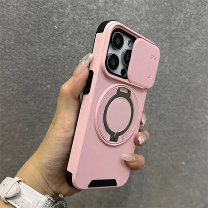 Heavy-Duty Rugged Armor Magnetic Bracket Phone Case For iPhone 17 16 Plus 15 14 13 12 11 Pro Max Slide Camera Protection Cover
