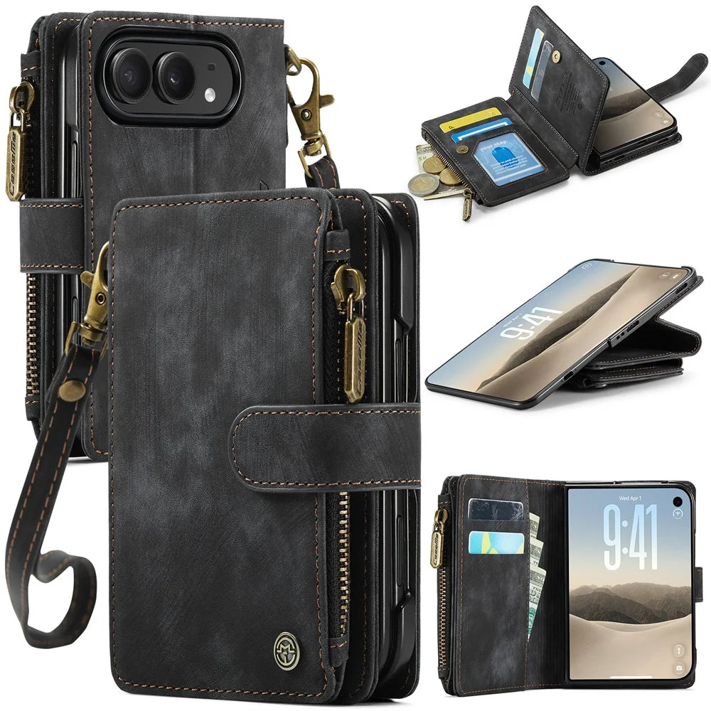 iPhone Duo Phone Case, Built-in Card Holder Wallet Phone Leather Stand Case for iPhone Duo Wristlet Strap