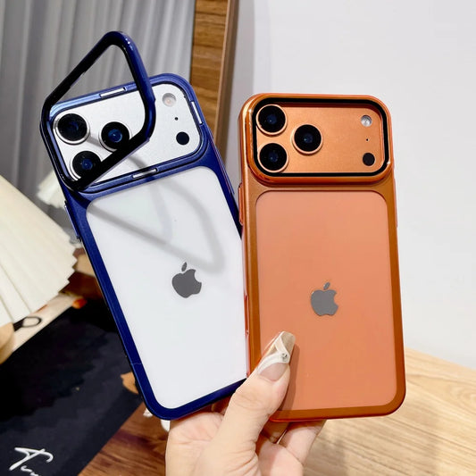 Galvanisierte Falten Glas Kamera Ständer Halterung Handyhülle für iPhone 17 17Pro 17Air 17 Pro Max Ultradünne transparente stoßfeste Abdeckung