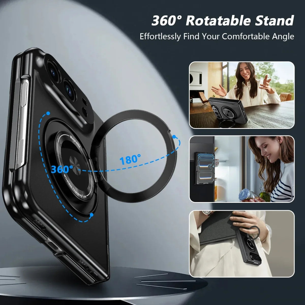 360 Rotatable Stand Magnetic Wireless Charging Phone Case for IPhone Duo 18 Fold Tempered Glass Film Hinge Protective Cover