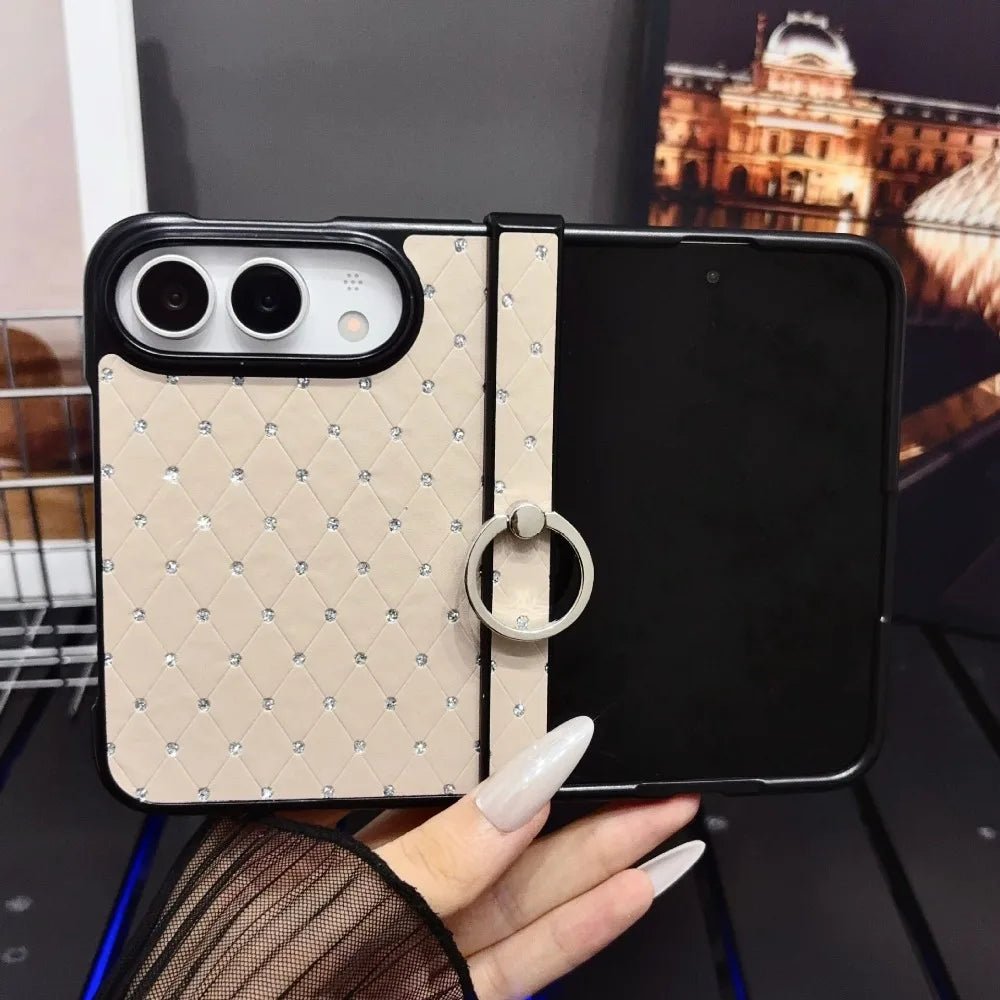 For iPhone Duo duo Fold Case Luxury Bling Diamond Grid Pattern Rotatable Ring Bracket Cases Hinge Protection Shockproof Cover