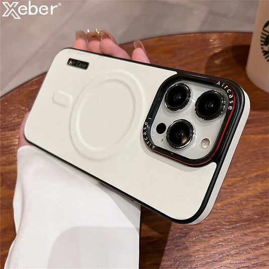 Luxuriöse, matte Leder-Magnet-Hülle für Magsafe iPhone 16 15 17 Pro Max Air 14 13 12 kabelloses Laden stoßfeste Hülle