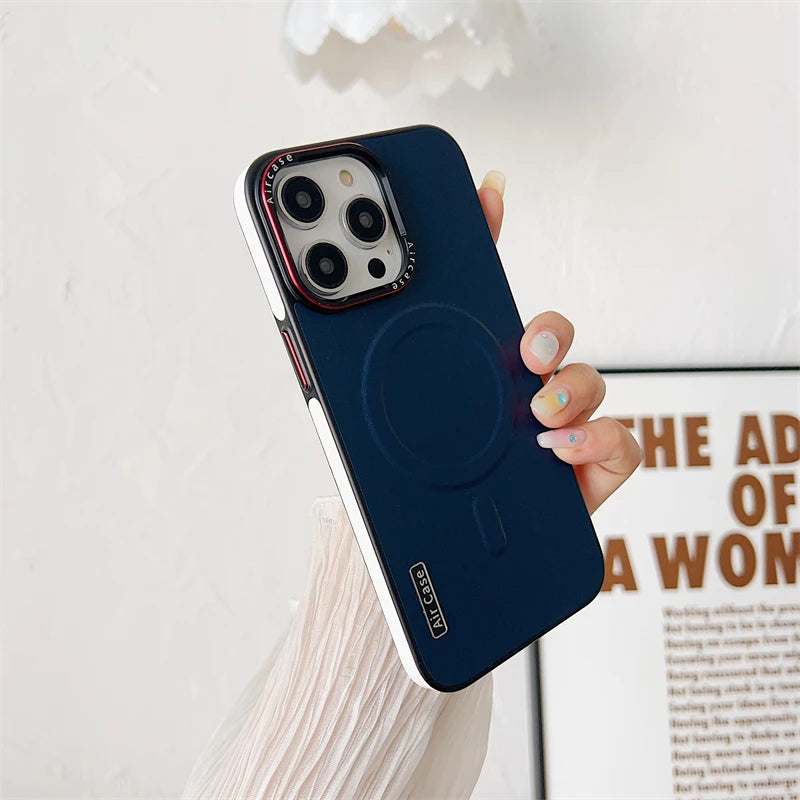 Plain Leather Magnetic MagSafe Wireless Charge Phone Case for iPhone 15 16 Pro Max 14 13 12 11 Pro Shockproof Soft Bumper Cover