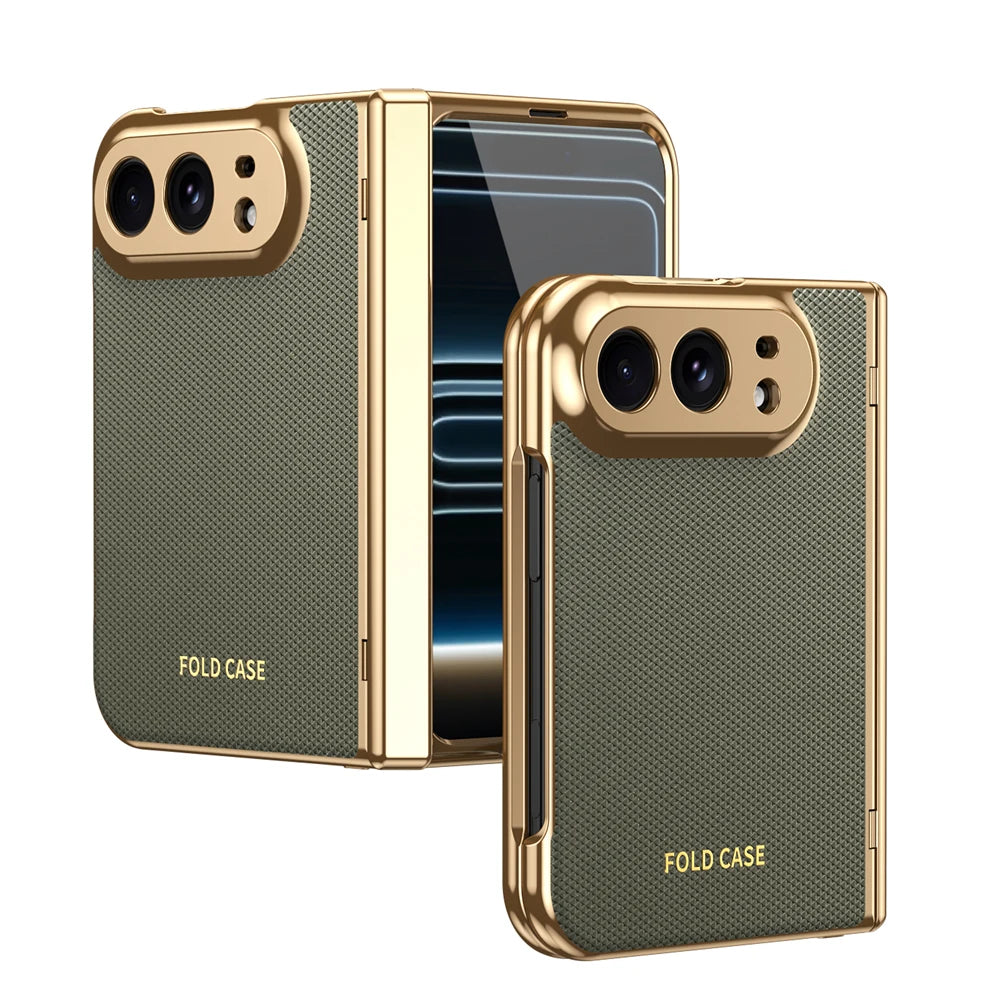 KEYSION Luxuxy PU Leather Fold Phone Case for iPhone Ultra Duo Plating PC Shockproof Back Cover With Hinge+HD Screen Protector