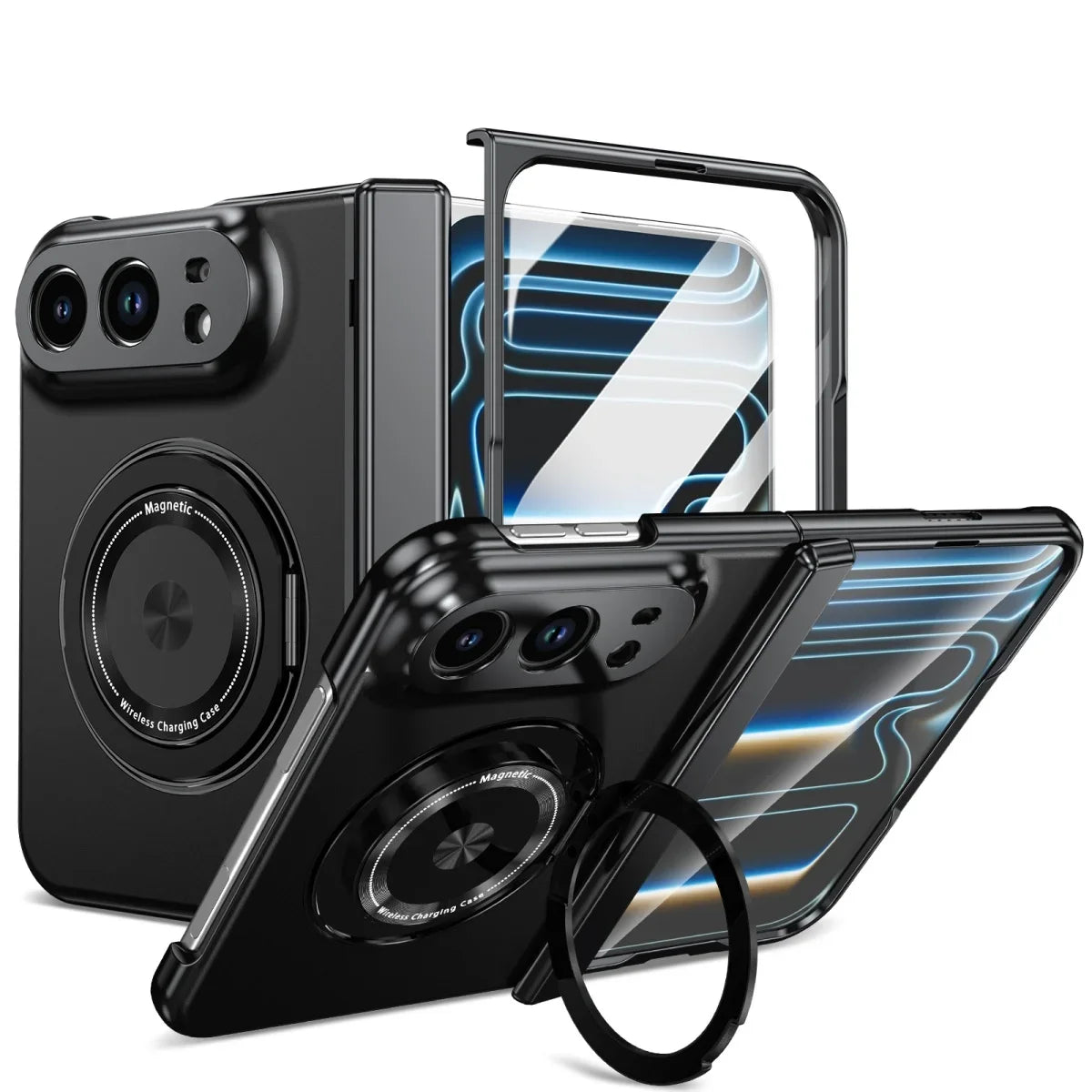 360 Rotatable Stand Magnetic Wireless Charging Phone Case for IPhone Duo 18 Fold Tempered Glass Film Hinge Protective Cover