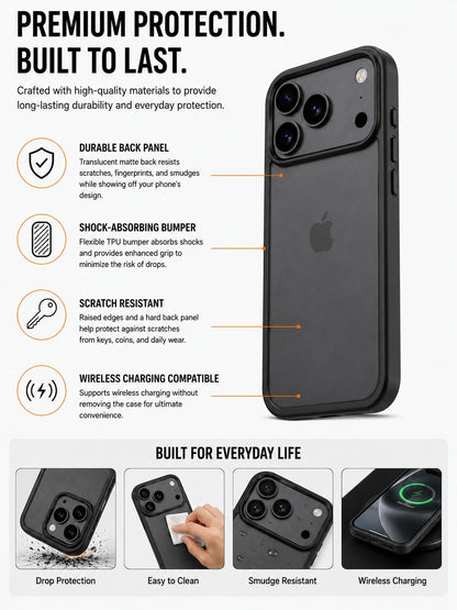 Translucent Matte Case for iPhone 17 Pro, Slim Shockproof Cover, 10FT Military Grade Drop Protection, Anti-Scratch Bumper, Black
