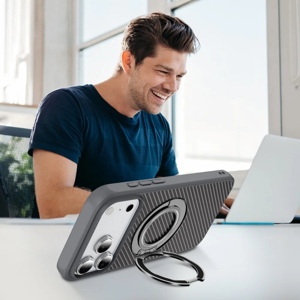 Carbon fiber pattern magnetic ring stand shockproof case - product image
