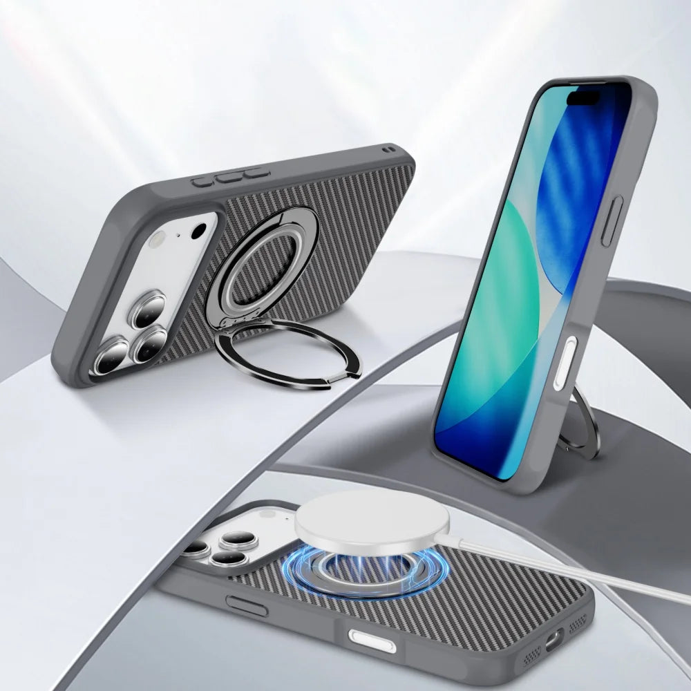 Carbon fiber pattern magnetic ring stand shockproof case - product image