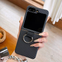 Carbon Fiber Pattern Metal Ring Shockproof Phone Case Samsung Z Flip