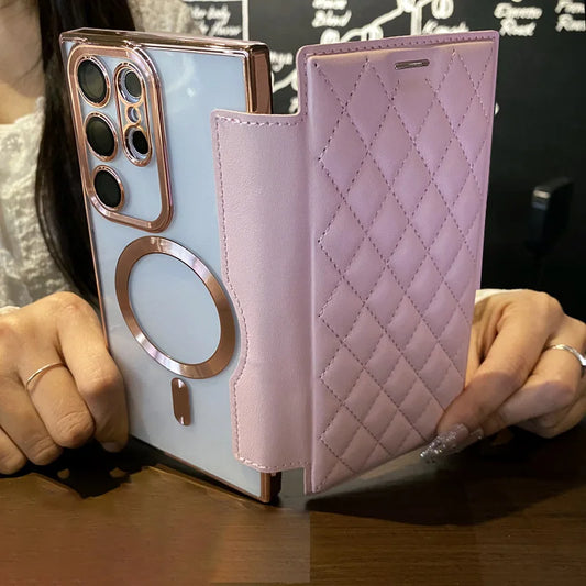 Flip cover plating magnetic card wallet leather case - product image