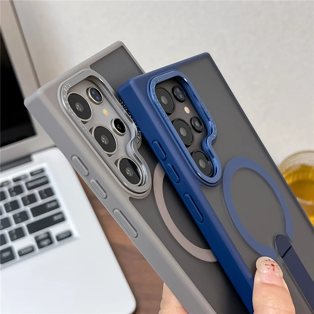 Frosted magnetic fold stand holder wireless charging case - product image