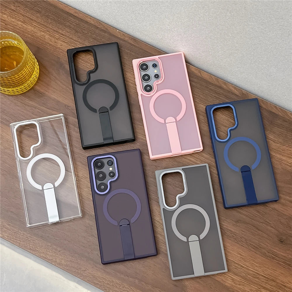 Frosted magnetic fold stand holder wireless charging case - product image