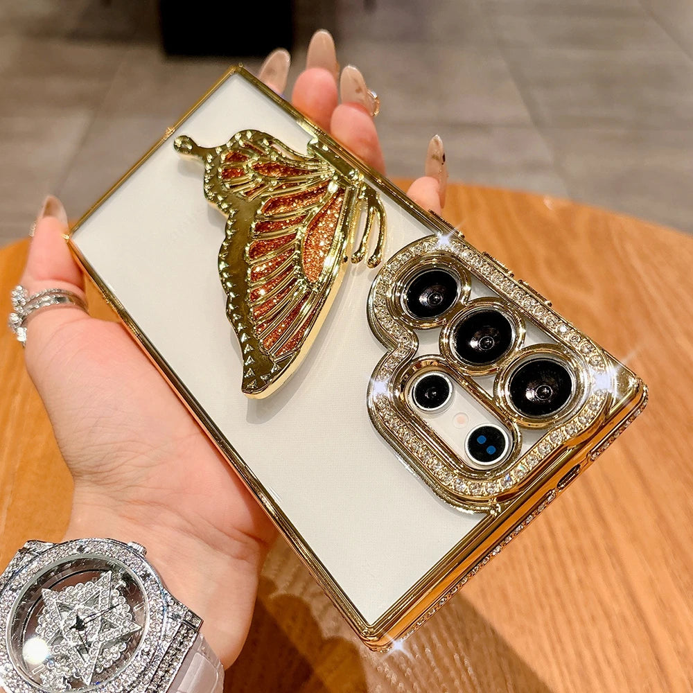 Plating glitter diamond butterfly stand holder transparent shockproof case samsung - product image