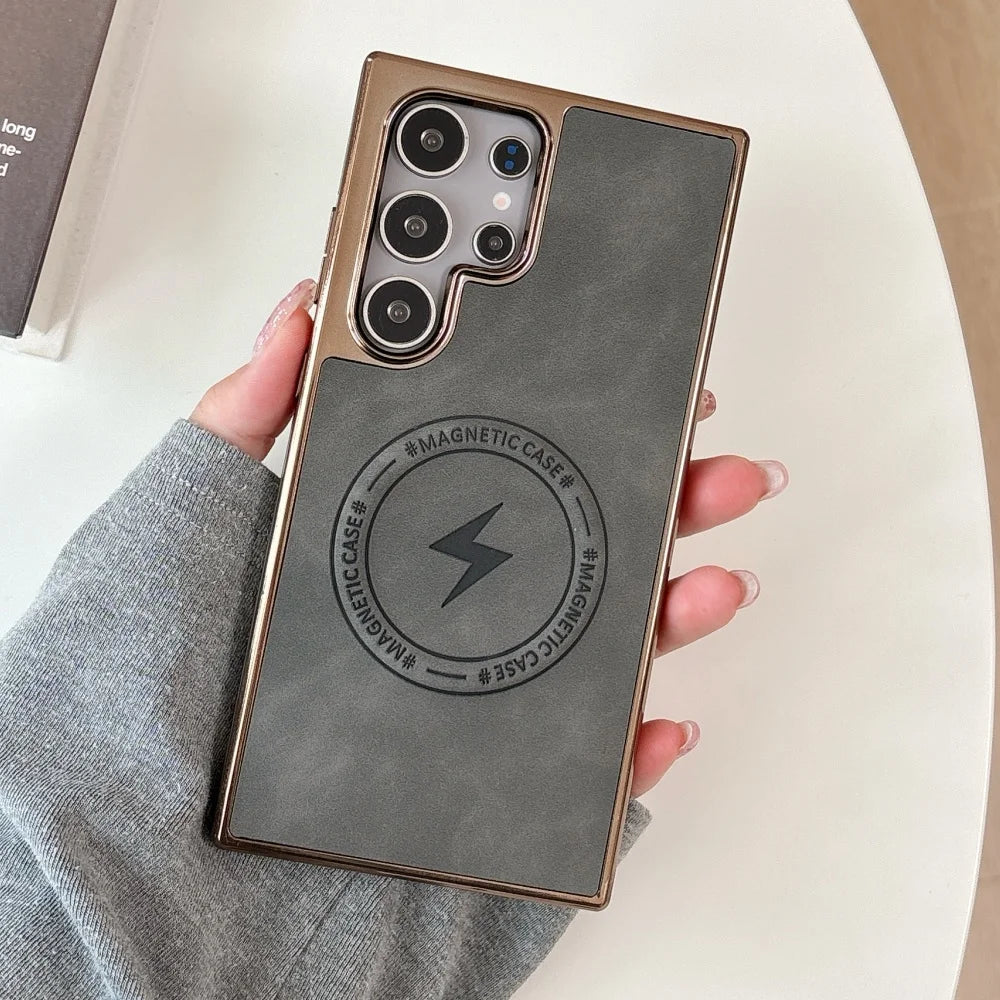 Plating matte leather magnetic wireless charging shockproof bumper case samsung - product image