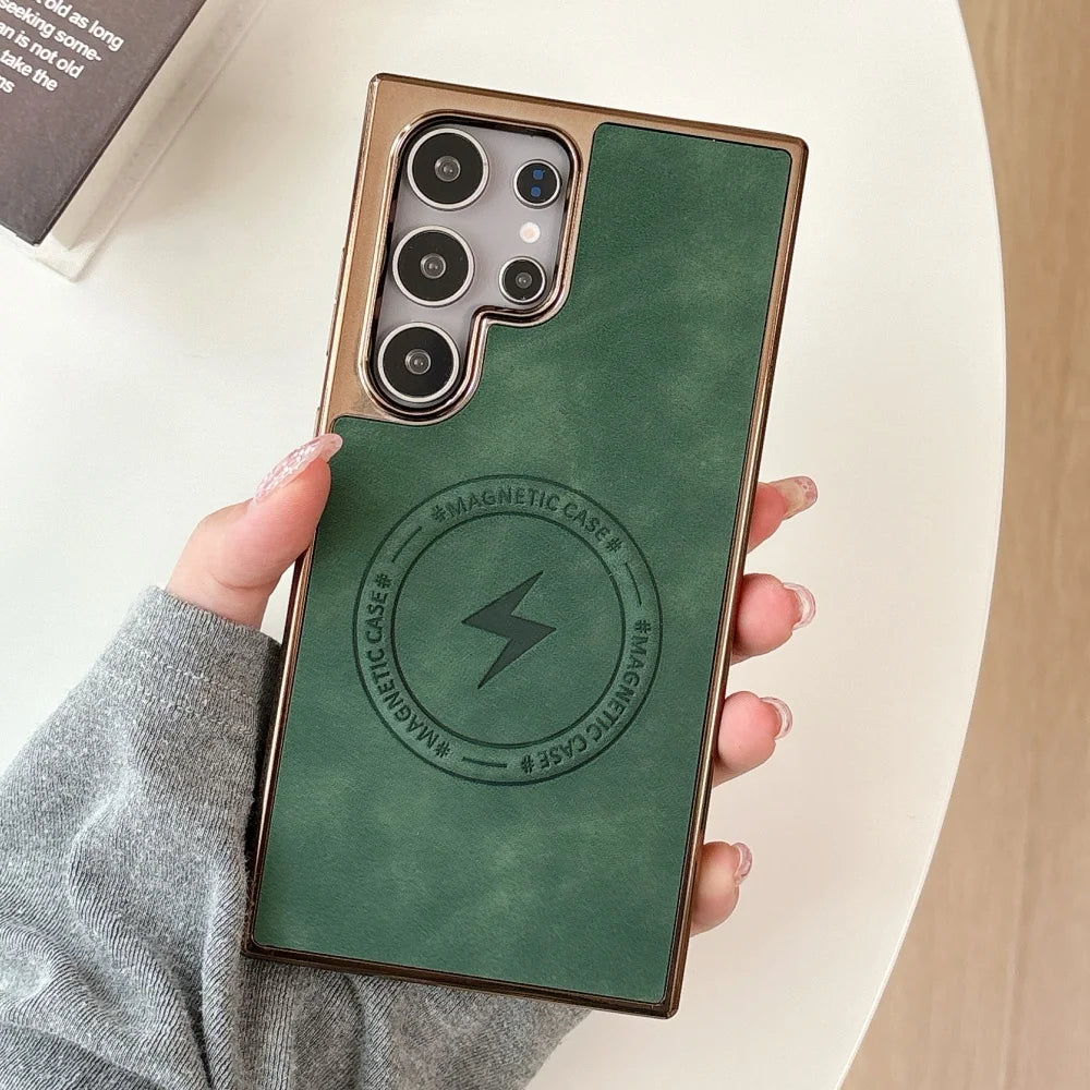 Plating matte leather magnetic wireless charging shockproof bumper case samsung - product image