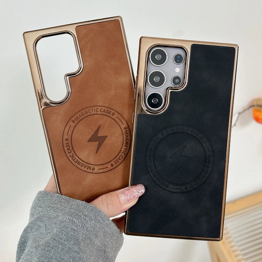 Plating matte leather magnetic wireless charging shockproof bumper case samsung - product image