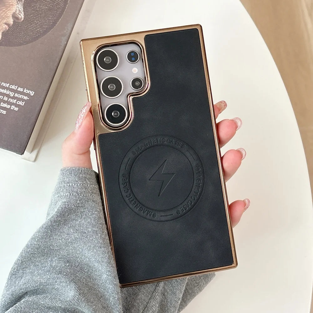 Plating matte leather magnetic wireless charging shockproof bumper case samsung - product image