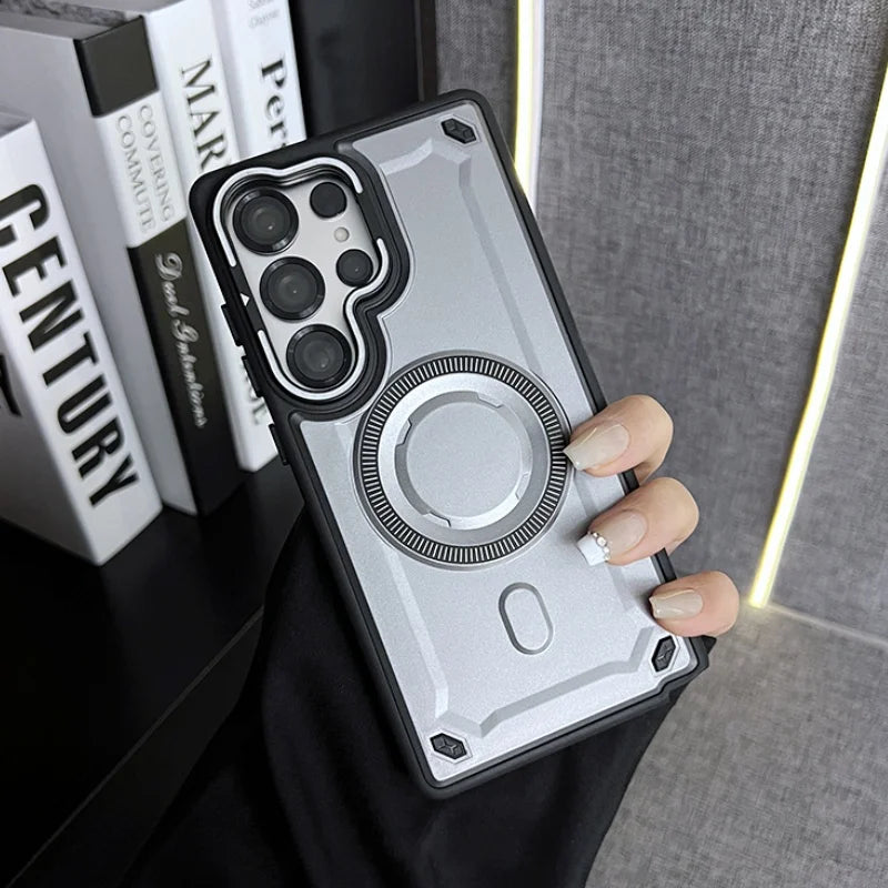 Rugged armor magnetic wireless charging lens stand case - product image