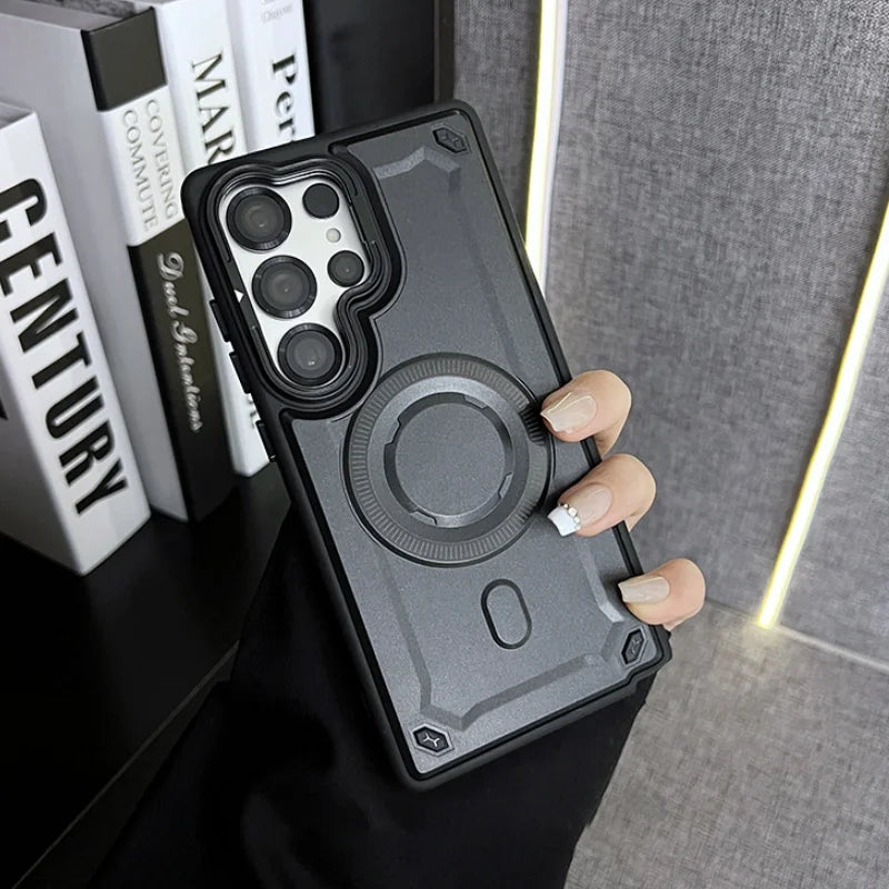 Rugged armor magnetic wireless charging lens stand case - product image