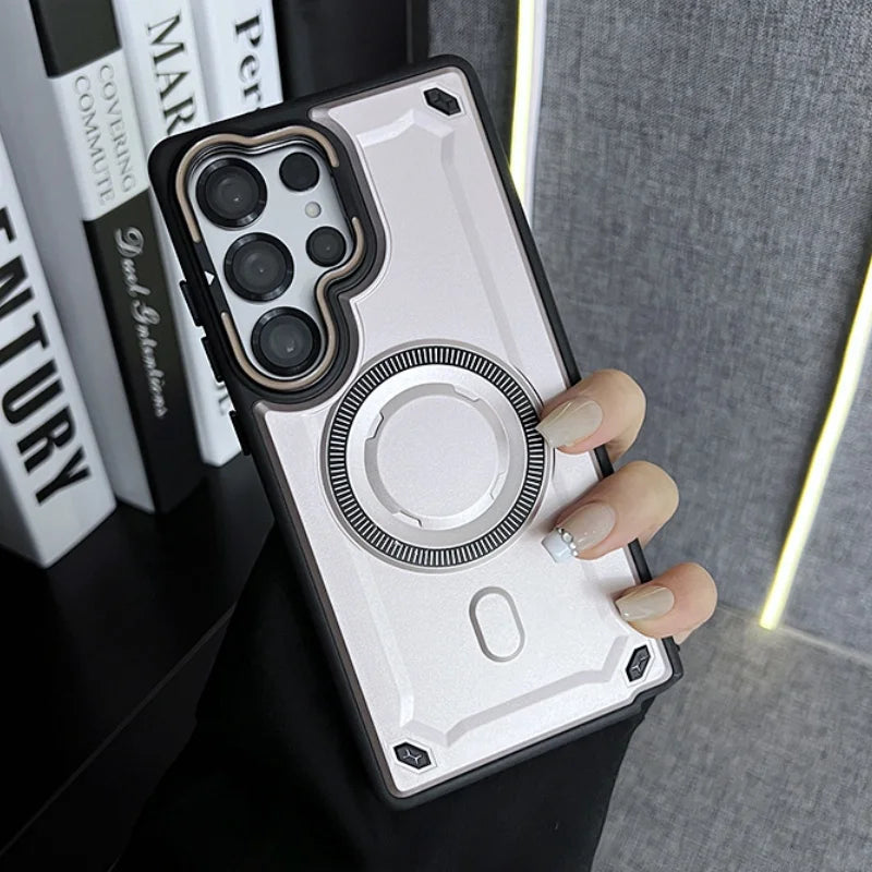 Rugged armor magnetic wireless charging lens stand case - product image