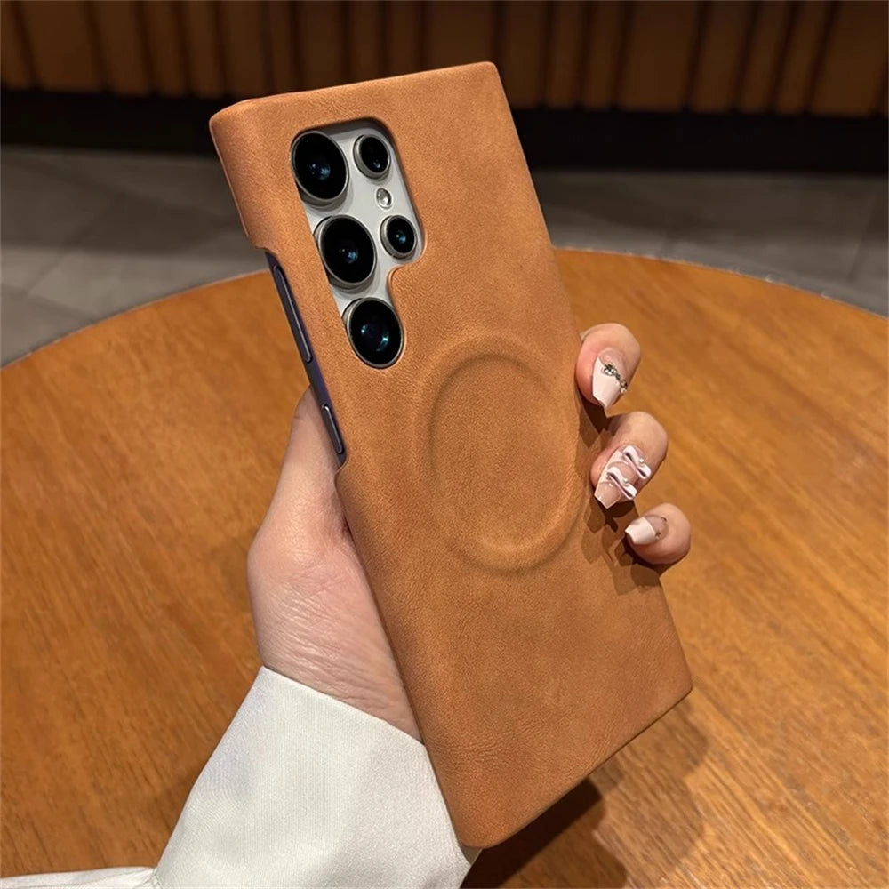 Skin feel sheepskin magnetic wireless charging leather case - product image